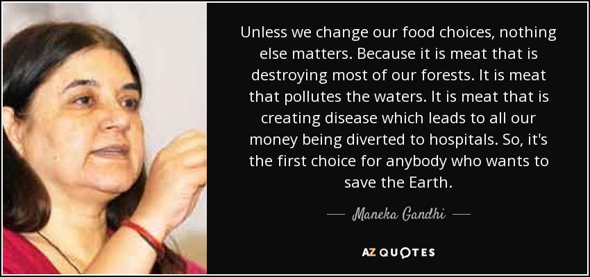 Unless we change our food choices, nothing else matters. Because it is meat that is destroying most of our forests. It is meat that pollutes the waters. It is meat that is creating disease which leads to all our money being diverted to hospitals. So, it's the first choice for anybody who wants to save the Earth. - Maneka Gandhi