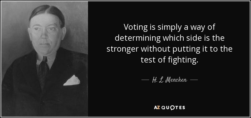 Voting is simply a way of determining which side is the stronger without putting it to the test of fighting. - H. L. Mencken