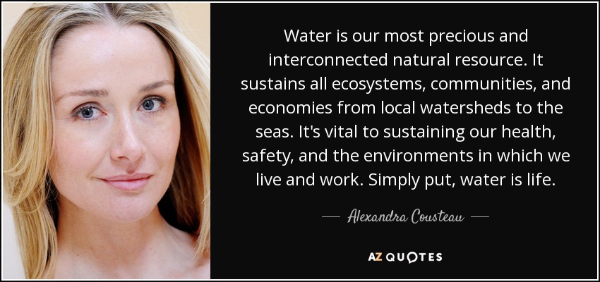 Water is our most precious and interconnected natural resource. It sustains all ecosystems, communities, and economies from local watersheds to the seas. It's vital to sustaining our health, safety, and the environments in which we live and work. Simply put, water is life. - Alexandra Cousteau