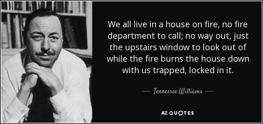 We all live in a house on fire, no fire department to call; no way out, just the upstairs window to look out of while the fire burns the house down with us trapped, locked in it. - Tennessee Williams