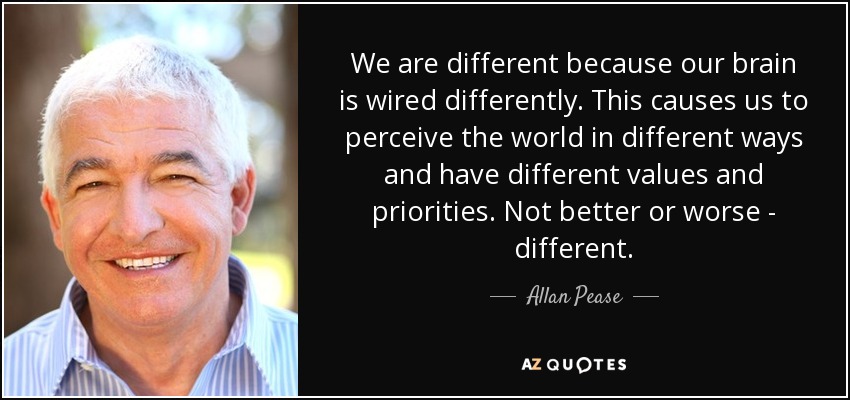 We are different because our brain is wired differently. This causes us to perceive the world in different ways and have different values and priorities. Not better or worse - different. - Allan Pease