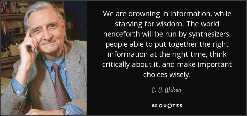 We are drowning in information, while starving for wisdom. The world henceforth will be run by synthesizers, people able to put together the right information at the right time, think critically about it, and make important choices wisely. - E. O. Wilson