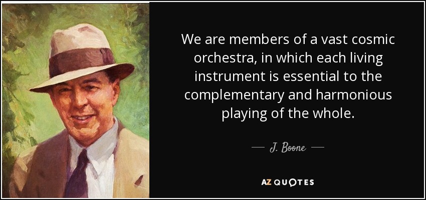 We are members of a vast cosmic orchestra, in which each living instrument is essential to the complementary and harmonious playing of the whole. - J. Boone