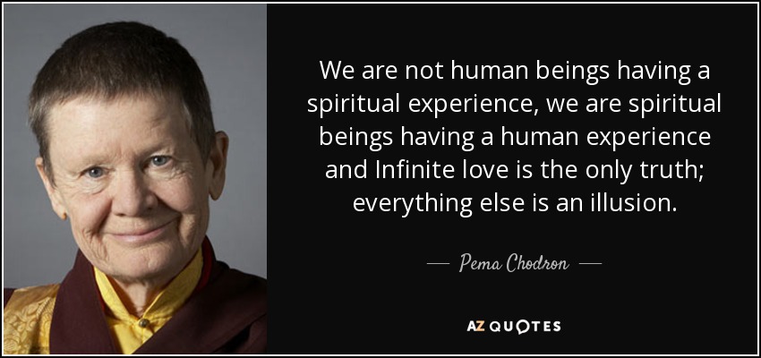 We are not human beings having a spiritual experience, we are spiritual beings having a human experience and Infinite love is the only truth; everything else is an illusion. - Pema Chodron