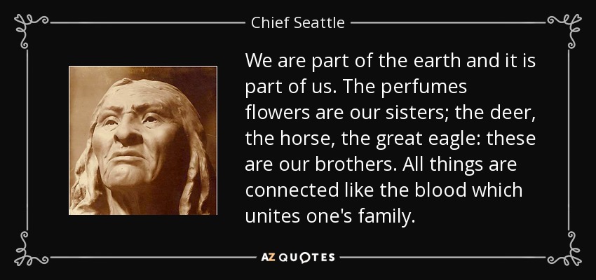 We are part of the earth and it is part of us. The perfumes flowers are our sisters; the deer, the horse, the great eagle: these are our brothers. All things are connected like the blood which unites one's family. - Chief Seattle