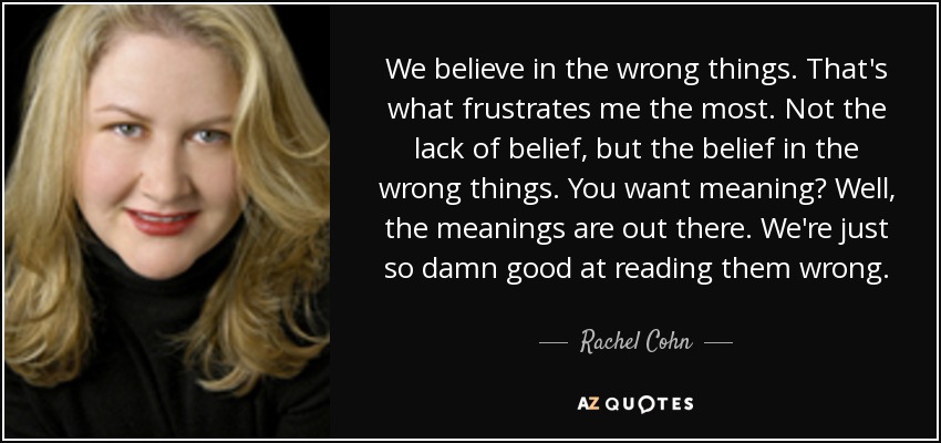 We believe in the wrong things. That's what frustrates me the most. Not the lack of belief, but the belief in the wrong things. You want meaning? Well, the meanings are out there. We're just so damn good at reading them wrong. - Rachel Cohn