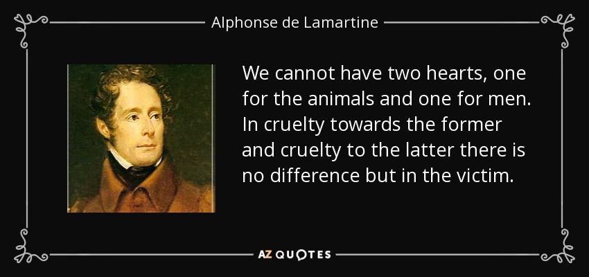 We cannot have two hearts, one for the animals and one for men. In cruelty towards the former and cruelty to the latter there is no difference but in the victim. - Alphonse de Lamartine