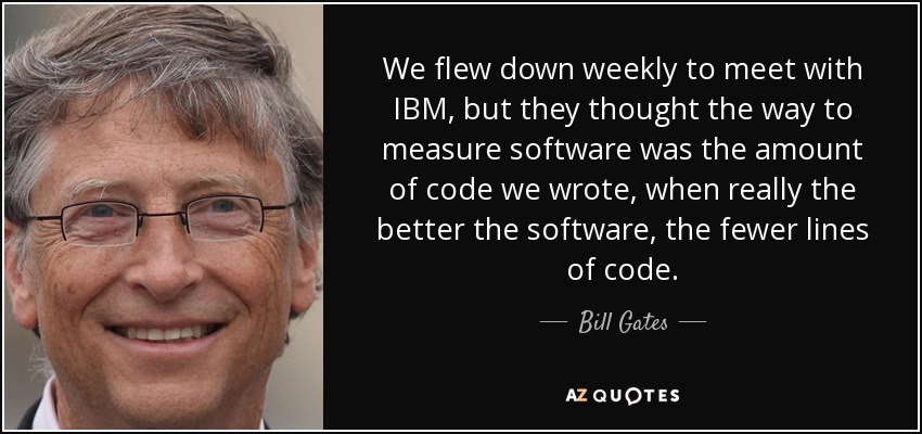 We flew down weekly to meet with IBM, but they thought the way to measure software was the amount of code we wrote, when really the better the software, the fewer lines of code. - Bill Gates