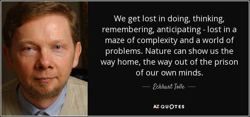 We get lost in doing, thinking, remembering, anticipating - lost in a maze of complexity and a world of problems. Nature can show us the way home, the way out of the prison of our own minds. - Eckhart Tolle