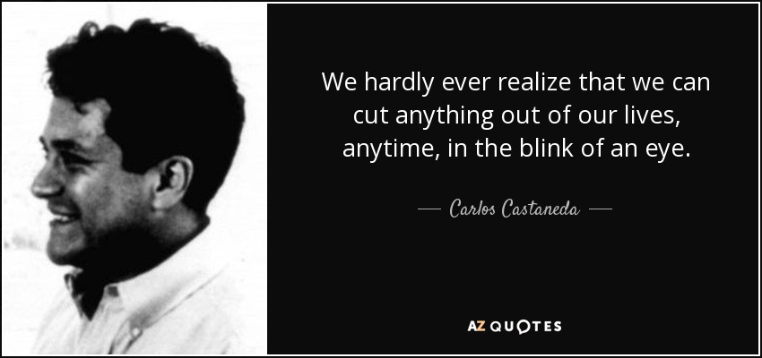 We hardly ever realize that we can cut anything out of our lives, anytime, in the blink of an eye. - Carlos Castaneda