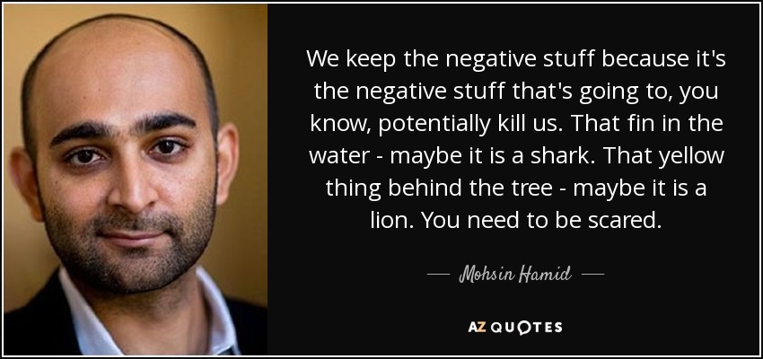 We keep the negative stuff because it's the negative stuff that's going to, you know, potentially kill us. That fin in the water - maybe it is a shark. That yellow thing behind the tree - maybe it is a lion. You need to be scared. - Mohsin Hamid