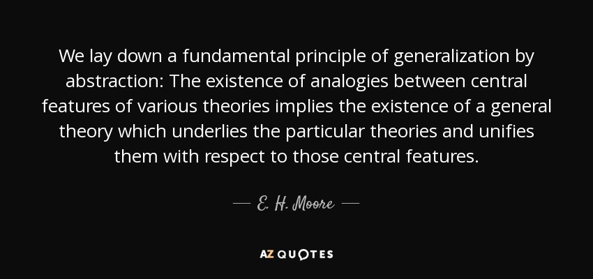 We lay down a fundamental principle of generalization by abstraction: The existence of analogies between central features of various theories implies the existence of a general theory which underlies the particular theories and unifies them with respect to those central features. - E. H. Moore