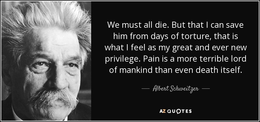 We must all die. But that I can save him from days of torture, that is what I feel as my great and ever new privilege. Pain is a more terrible lord of mankind than even death itself. - Albert Schweitzer