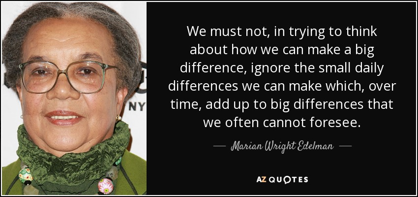 We must not, in trying to think about how we can make a big difference, ignore the small daily differences we can make which, over time, add up to big differences that we often cannot foresee. - Marian Wright Edelman