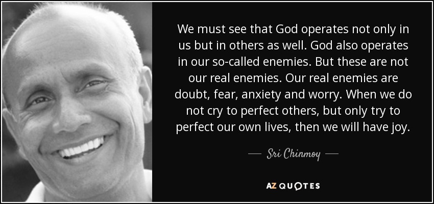 We must see that God operates not only in us but in others as well. God also operates in our so-called enemies. But these are not our real enemies. Our real enemies are doubt, fear, anxiety and worry. When we do not cry to perfect others, but only try to perfect our own lives, then we will have joy. - Sri Chinmoy