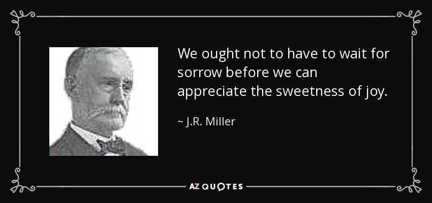 We ought not to have to wait for sorrow before we can appreciate the sweetness of joy. - J.R. Miller