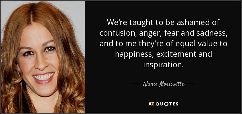 We're taught to be ashamed of confusion, anger, fear and sadness, and to me they're of equal value to happiness, excitement and inspiration. - Alanis Morissette