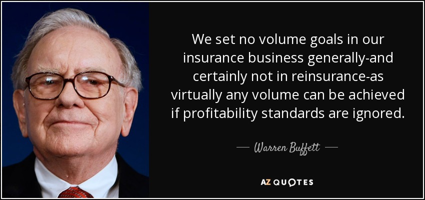 We set no volume goals in our insurance business generally-and certainly not in reinsurance-as virtually any volume can be achieved if profitability standards are ignored. - Warren Buffett