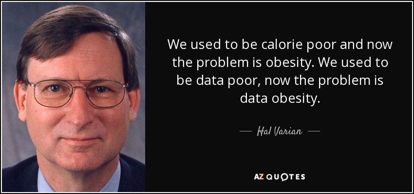 We used to be calorie poor and now the problem is obesity. We used to be data poor, now the problem is data obesity. - Hal Varian