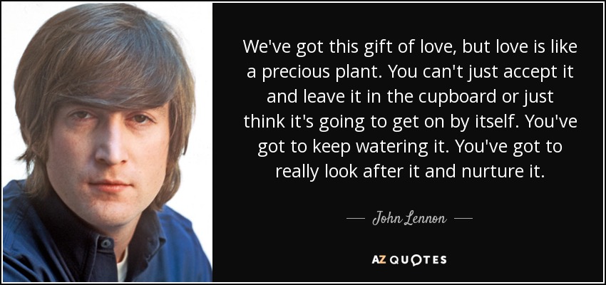 We've got this gift of love, but love is like a precious plant. You can't just accept it and leave it in the cupboard or just think it's going to get on by itself. You've got to keep watering it. You've got to really look after it and nurture it. - John Lennon