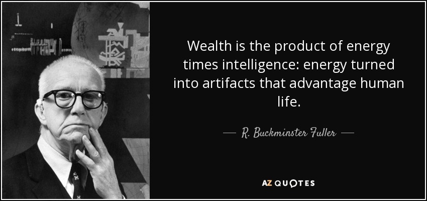 Wealth is the product of energy times intelligence: energy turned into artifacts that advantage human life. - R. Buckminster Fuller