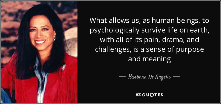 What allows us, as human beings, to psychologically survive life on earth, with all of its pain, drama, and challenges, is a sense of purpose and meaning - Barbara De Angelis