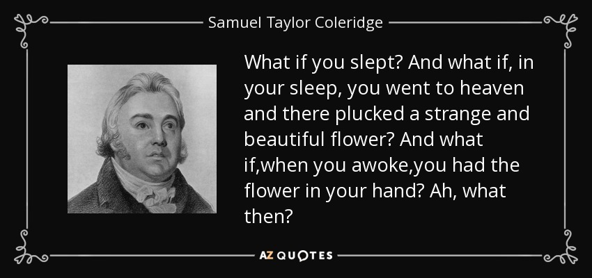 What if you slept? And what if, in your sleep, you went to heaven and there plucked a strange and beautiful flower? And what if,when you awoke,you had the flower in your hand? Ah, what then? - Samuel Taylor Coleridge