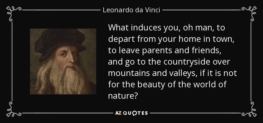 What induces you, oh man, to depart from your home in town, to leave parents and friends, and go to the countryside over mountains and valleys, if it is not for the beauty of the world of nature? - Leonardo da Vinci