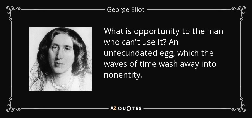 What is opportunity to the man who can't use it? An unfecundated egg, which the waves of time wash away into nonentity. - George Eliot