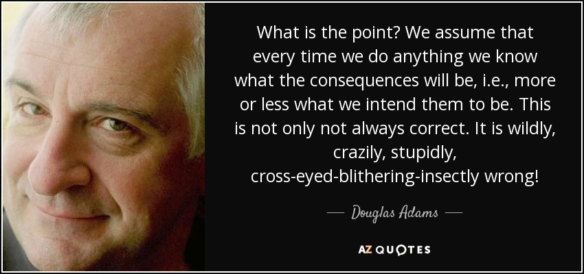What is the point? We assume that every time we do anything we know what the consequences will be, i.e., more or less what we intend them to be. This is not only not always correct. It is wildly, crazily, stupidly, cross-eyed-blithering-insectly wrong! - Douglas Adams