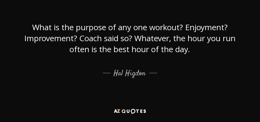 What is the purpose of any one workout? Enjoyment? Improvement? Coach said so? Whatever, the hour you run often is the best hour of the day. - Hal Higdon