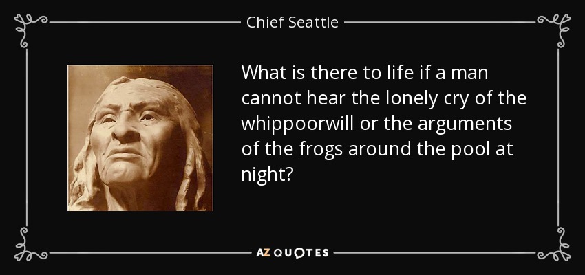 What is there to life if a man cannot hear the lonely cry of the whippoorwill or the arguments of the frogs around the pool at night? - Chief Seattle
