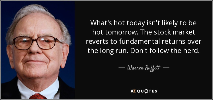 What's hot today isn't likely to be hot tomorrow. The stock market reverts to fundamental returns over the long run. Don't follow the herd. - Warren Buffett