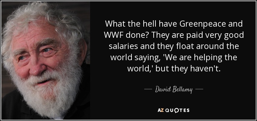 What the hell have Greenpeace and WWF done? They are paid very good salaries and they float around the world saying, 'We are helping the world,' but they haven't. - David Bellamy