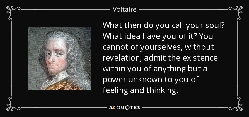 What then do you call your soul? What idea have you of it? You cannot of yourselves, without revelation, admit the existence within you of anything but a power unknown to you of feeling and thinking. - Voltaire
