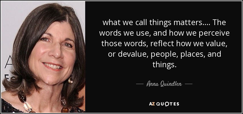 what we call things matters. ... The words we use, and how we perceive those words, reflect how we value, or devalue, people, places, and things. - Anna Quindlen