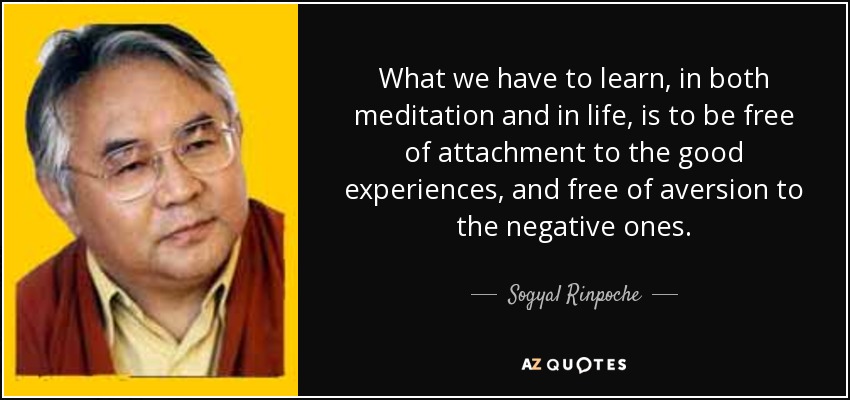 What we have to learn, in both meditation and in life, is to be free of attachment to the good experiences, and free of aversion to the negative ones. - Sogyal Rinpoche