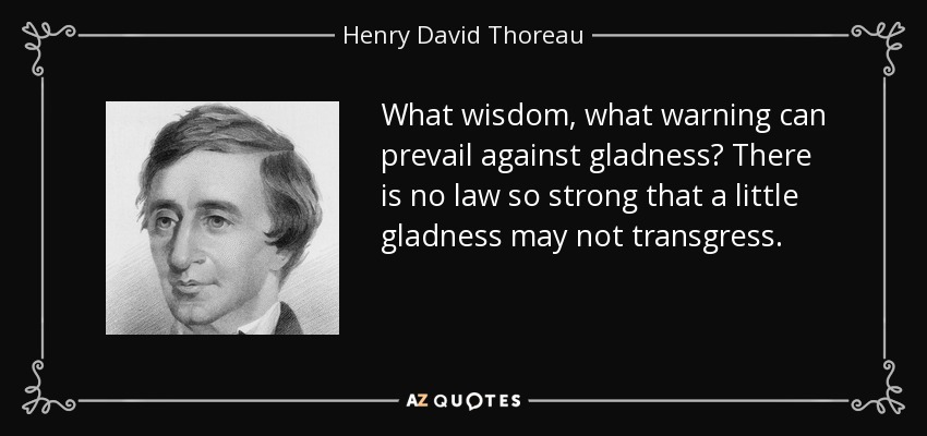 What wisdom, what warning can prevail against gladness? There is no law so strong that a little gladness may not transgress. - Henry David Thoreau
