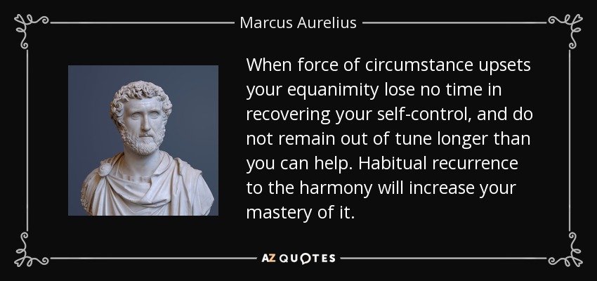 When force of circumstance upsets your equanimity lose no time in recovering your self-control, and do not remain out of tune longer than you can help. Habitual recurrence to the harmony will increase your mastery of it. - Marcus Aurelius
