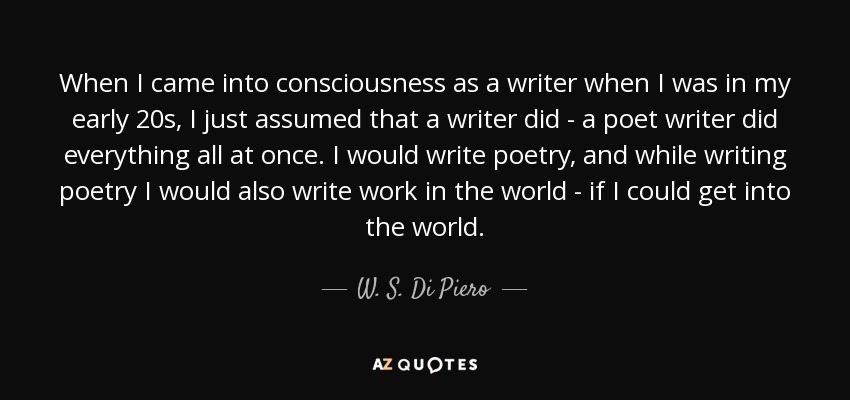 When I came into consciousness as a writer when I was in my early 20s, I just assumed that a writer did - a poet writer did everything all at once. I would write poetry, and while writing poetry I would also write work in the world - if I could get into the world. - W. S. Di Piero