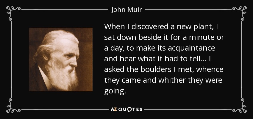 When I discovered a new plant, I sat down beside it for a minute or a day, to make its acquaintance and hear what it had to tell... I asked the boulders I met, whence they came and whither they were going. - John Muir
