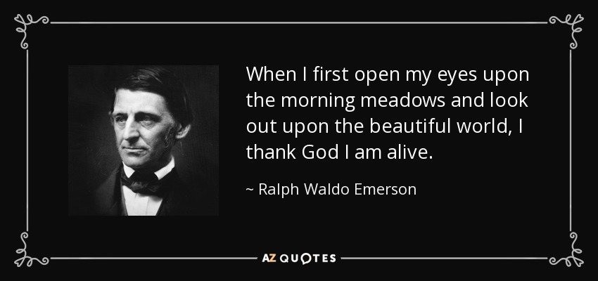 When I first open my eyes upon the morning meadows and look out upon the beautiful world, I thank God I am alive. - Ralph Waldo Emerson
