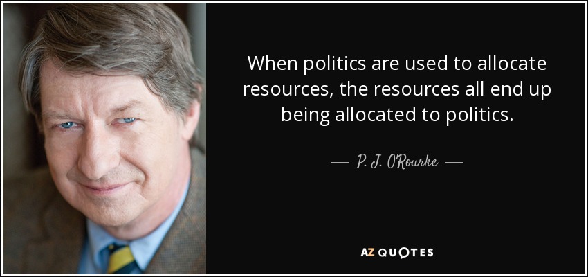 When politics are used to allocate resources, the resources all end up being allocated to politics. - P. J. O'Rourke
