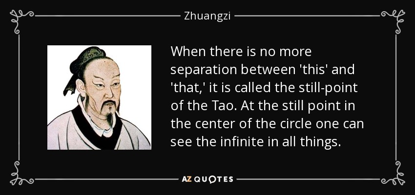When there is no more separation between 'this' and 'that,' it is called the still-point of the Tao. At the still point in the center of the circle one can see the infinite in all things. - Zhuangzi