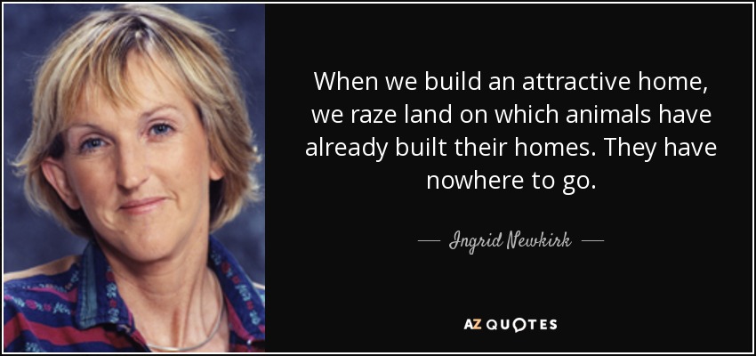 When we build an attractive home, we raze land on which animals have already built their homes. They have nowhere to go. - Ingrid Newkirk