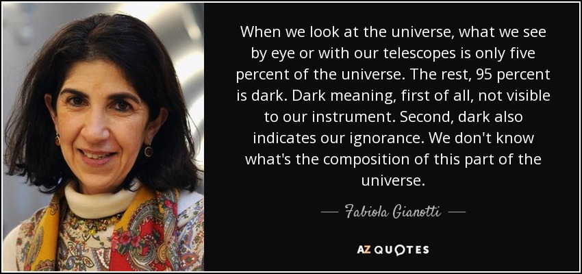 When we look at the universe, what we see by eye or with our telescopes is only five percent of the universe. The rest, 95 percent is dark. Dark meaning, first of all, not visible to our instrument. Second, dark also indicates our ignorance. We don't know what's the composition of this part of the universe. - Fabiola Gianotti