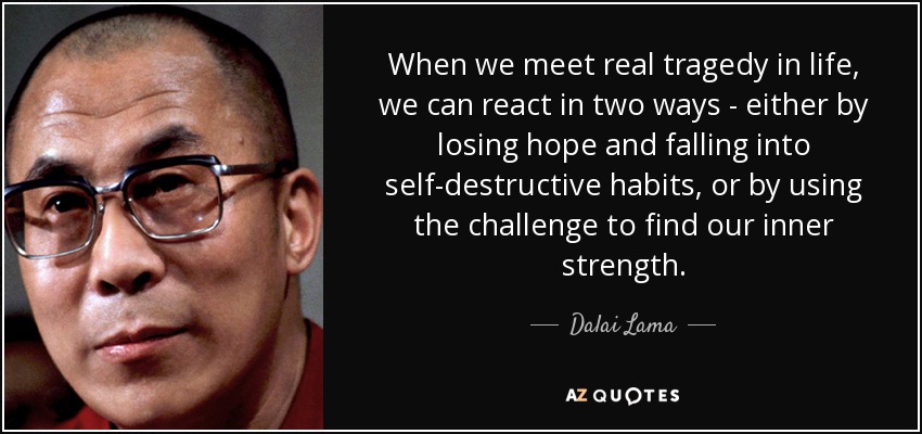 When we meet real tragedy in life, we can react in two ways - either by losing hope and falling into self-destructive habits, or by using the challenge to find our inner strength. - Dalai Lama