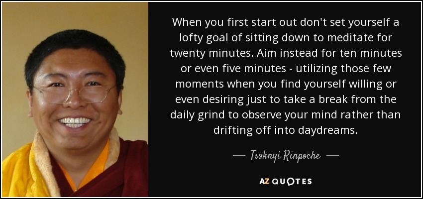 When you first start out don't set yourself a lofty goal of sitting down to meditate for twenty minutes. Aim instead for ten minutes or even five minutes - utilizing those few moments when you find yourself willing or even desiring just to take a break from the daily grind to observe your mind rather than drifting off into daydreams. - Tsoknyi Rinpoche