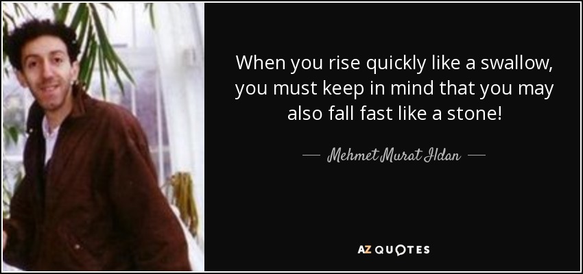 When you rise quickly like a swallow, you must keep in mind that you may also fall fast like a stone! - Mehmet Murat Ildan