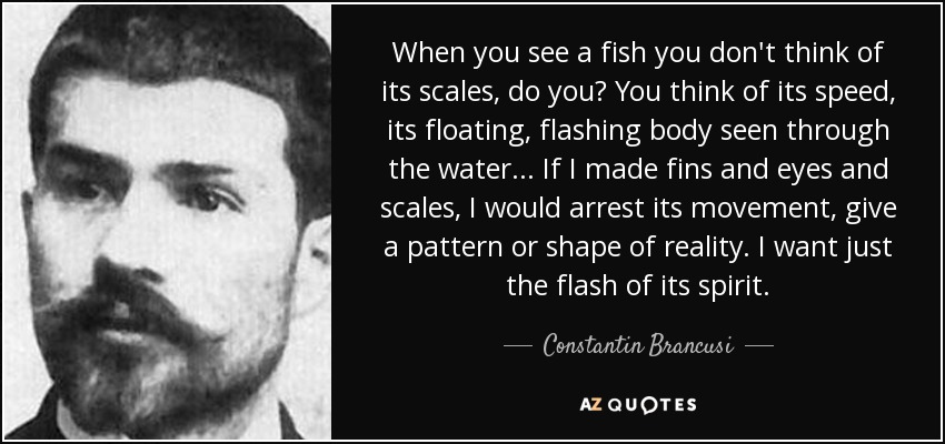 When you see a fish you don't think of its scales, do you? You think of its speed, its floating, flashing body seen through the water... If I made fins and eyes and scales, I would arrest its movement, give a pattern or shape of reality. I want just the flash of its spirit. - Constantin Brancusi